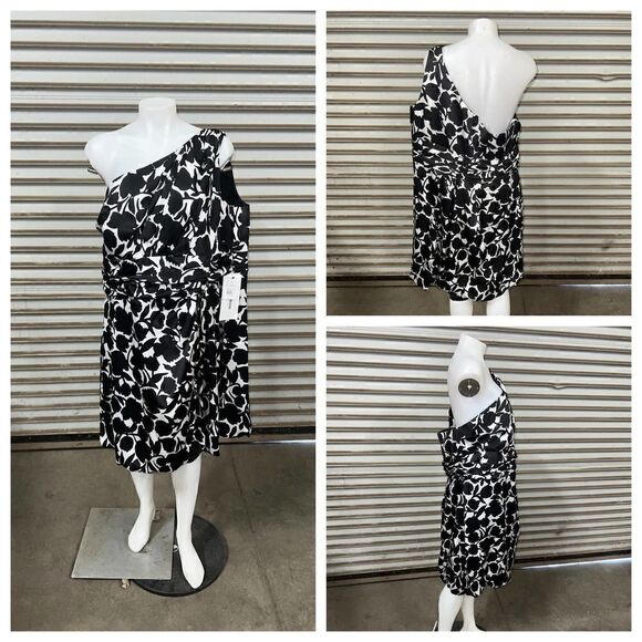 David’s Bridal cocktail black and white geometric one shoulder dress - Picture 1 of 7